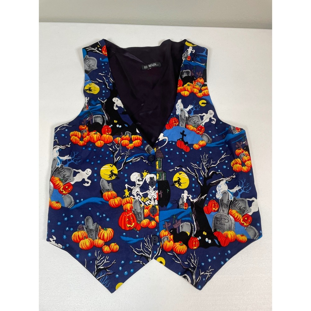 111 Main Halloween Vest Blue Pumpkins Ghosts Skeletons Spooky Vintage Unisex